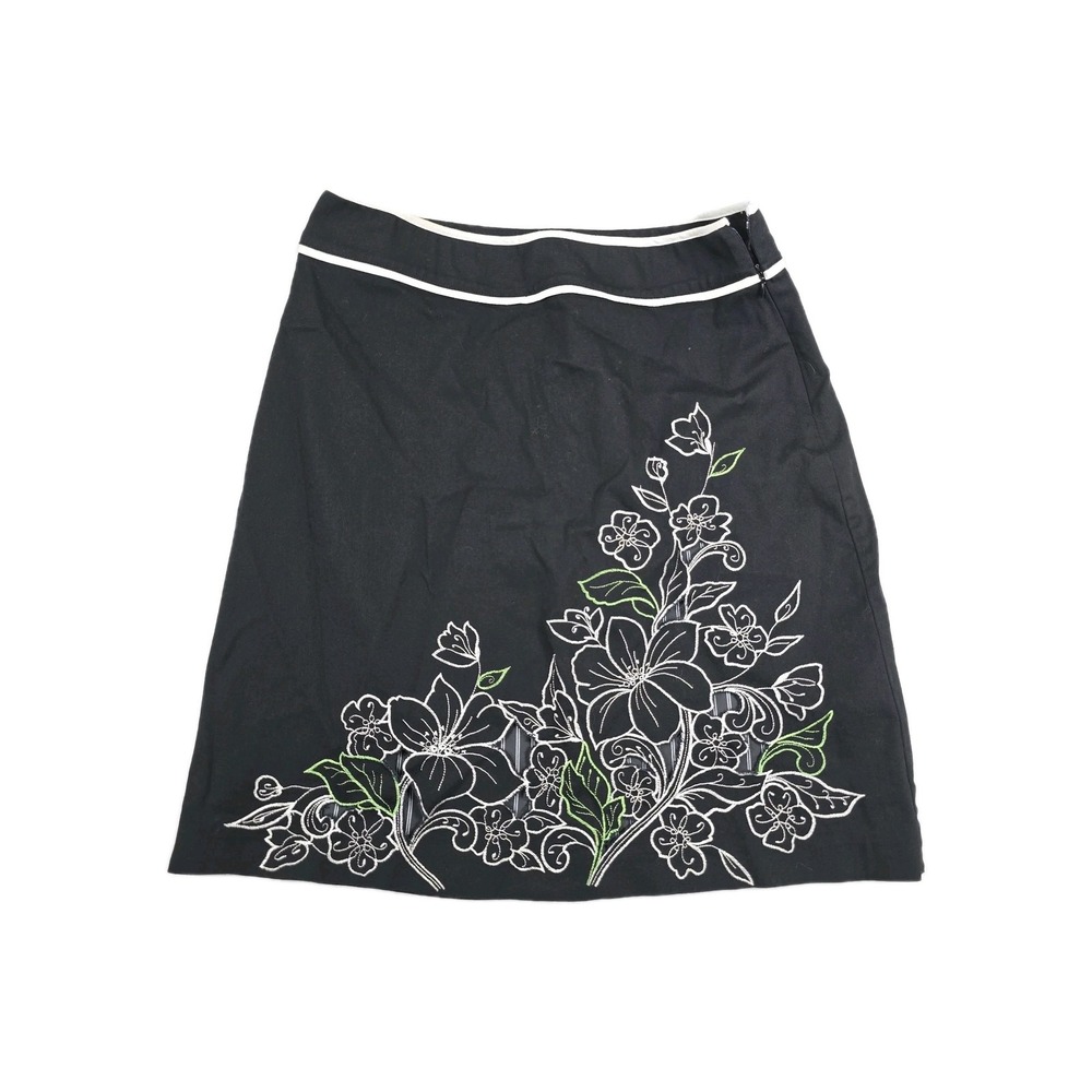 Black Floral Embroidered A-Line Knee Length Skirt with Eyelet Details Size L